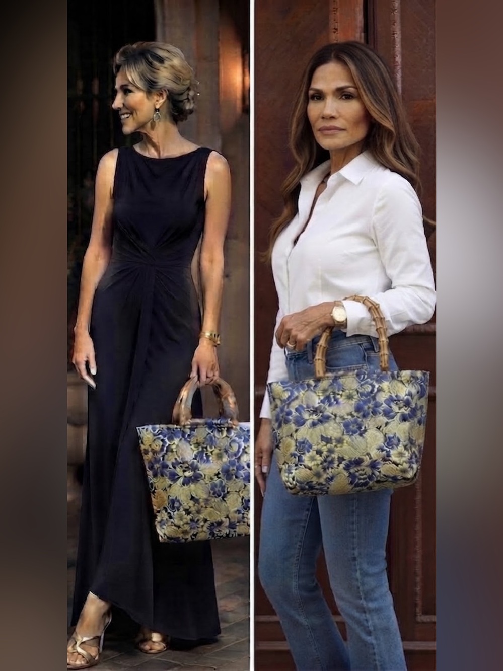 Blue & Gold metalic Floral Tote Bag 
with Bambo inspired handles large 
Bag NWT - Picture 2 of 10